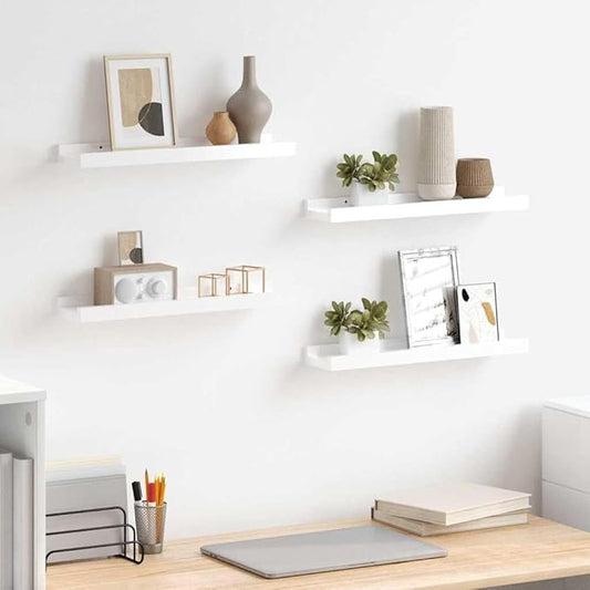 Wall Shelf Set of 4, Floating Shelves for Wall Decor, High Gloss White MDF Display Ledges for Living Room Bedroom, Modern Space Saving Storage Organizer