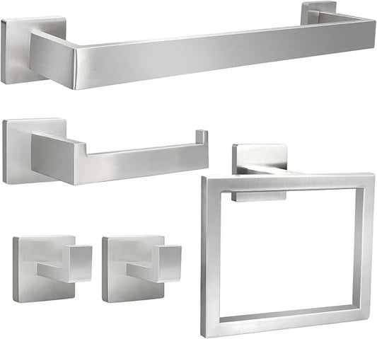 5pcs Bathroom Hardware Set, 16in Towel Bar Set, Including Square Towel Bar Square Towel Ring Toilet Paper Holder Towel Hooks, Set SUS304 Stainless Steel, Wall Mounted