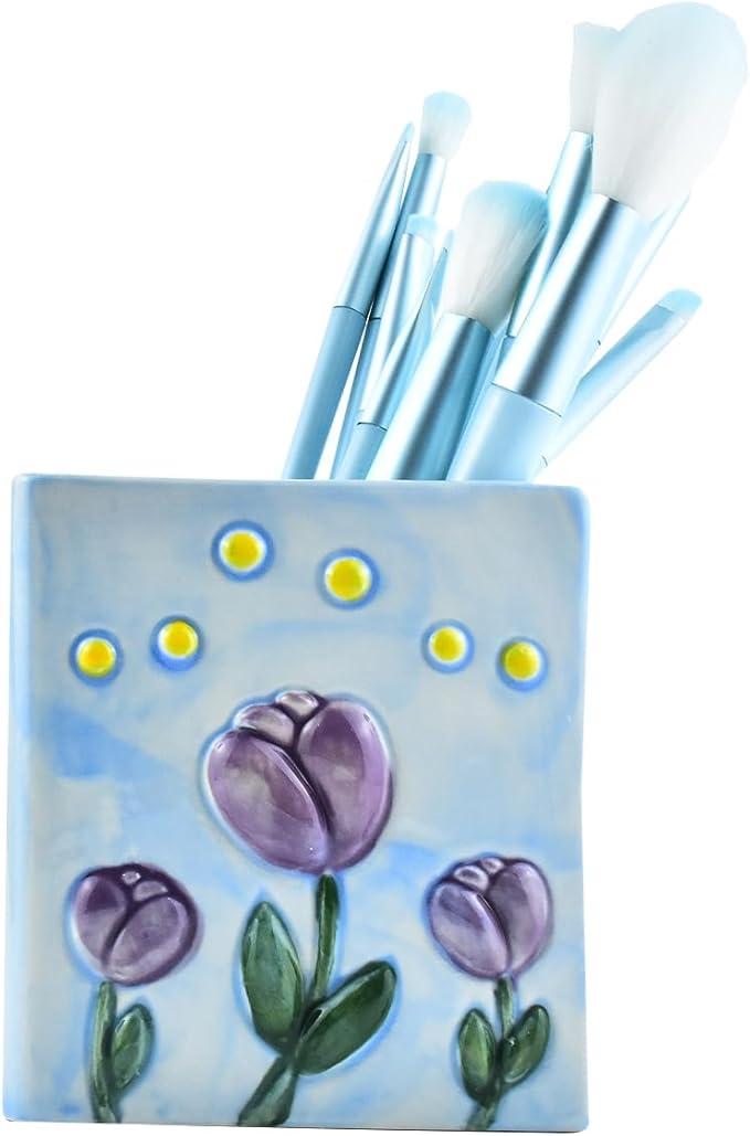 Ceramic Book Shaped Tulip Pattern Cosmetic Storage Box, Desktop Organizers Make Up Brush Storage Stand Desktop Storage Box for Brush,Pencil,Art Supplies, Painting Brush (Light Purple)