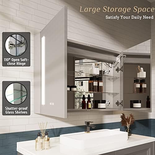36×24 Inch Bathroom Medicine Cabinet, LED Lighted Medicine Cabinet with Mirror, Double Door Bathroom Vanity Mirror with Storage, 3 Color Light, Defogger, Dimmer, Surface Mount