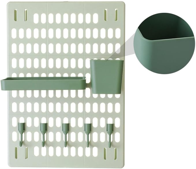 Milisten Wall-Mounted Plastic Storage Rack with Hooks, Large Green Pegboard Organizer Set with Rectangular and Square Boxes for Kitchen and Bathroom Shelves, No-Drill Multifunctional Wall