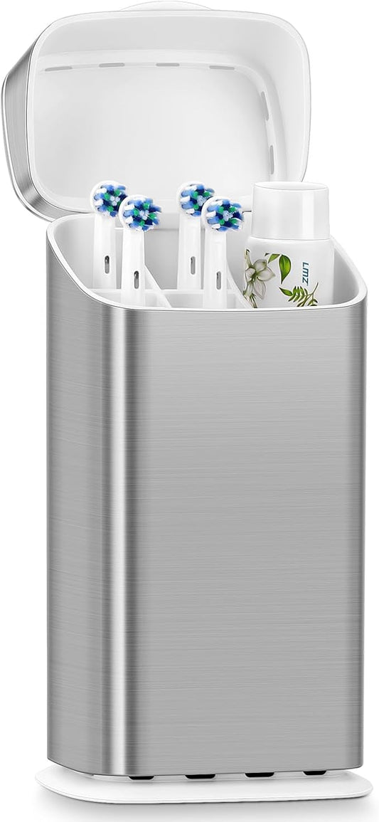 GFWARE Toothbrush Holders with Cover - Electric Toothbrush Length Less Than 9 inches, 5 Slots Tooth Brush Holder for Bathroom, Detachable Toothpaste Holder Bathroom Organizers with Drainage, Silver