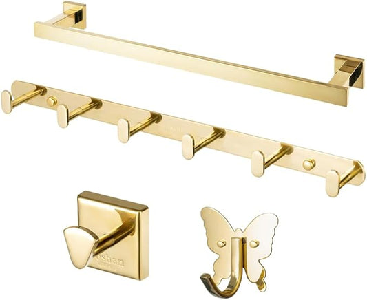 Roshan Handcrafted and Hand Polished Multi Purpose Towel Rack, Rust Proof and Peel Resistant Towel Shelf, Includes 2 Handmade Hooks (4-Piece Gold)