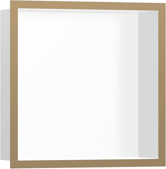 hansgrohe XtraStoris Individual Recessed Wall Niche Matte White with Design Frame 12"x 12"x 4" in Brushed Bronze, 56099140