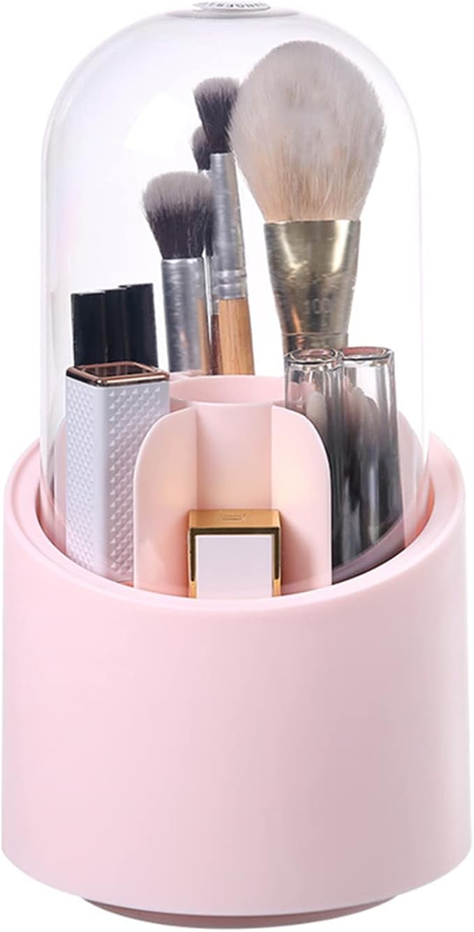 GBSTORE Makeup Brushes Holder Organizer with Clear Lid,360 Degree Rotating Makeup Brush Storage Container Dustfree Cosmetic Display Case Holder for Bathroom Countertop Vanity Desktop (Pink)
