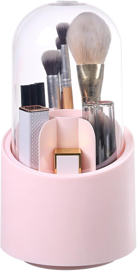 GBSTORE Makeup Brushes Holder Organizer with Clear Lid,360 Degree Rotating Makeup Brush Storage Container Dustfree Cosmetic Display Case Holder for Bathroom Countertop Vanity Desktop (Pink)