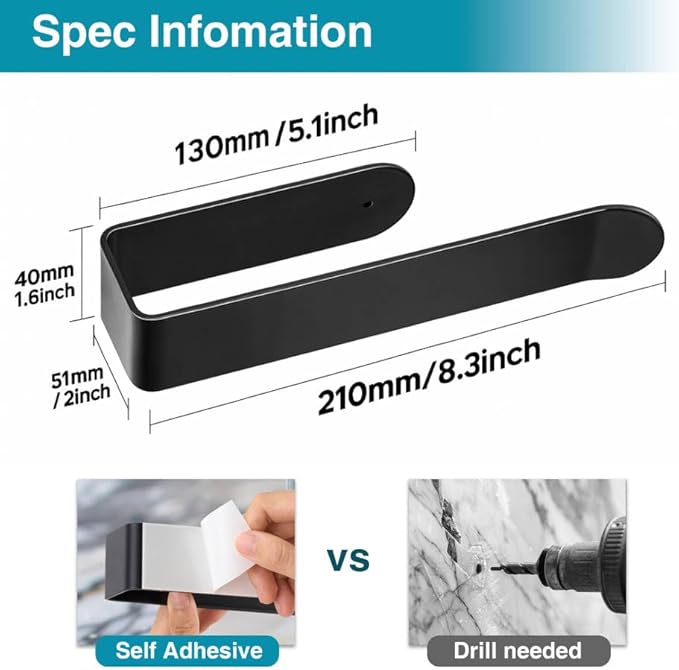 8 Inch Hand Towel Holder, Self Adhesive Towel Bar for Bathroom, Rustproof Aluminum U-Shape Towel Rack Stick on Wall, Black