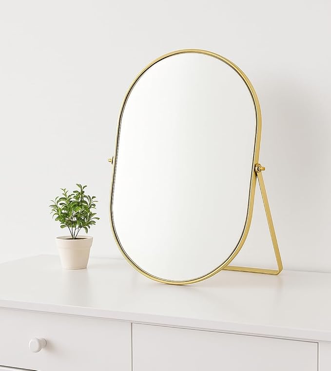 Feyarl Oval Vanity Makeup Mirror 12x8 Inch Vertical Tabletop Mirror Decorative Standing Cosmetic Mirror for Bedroom Bathroom Desk Dresser Table Desktop (Gold)