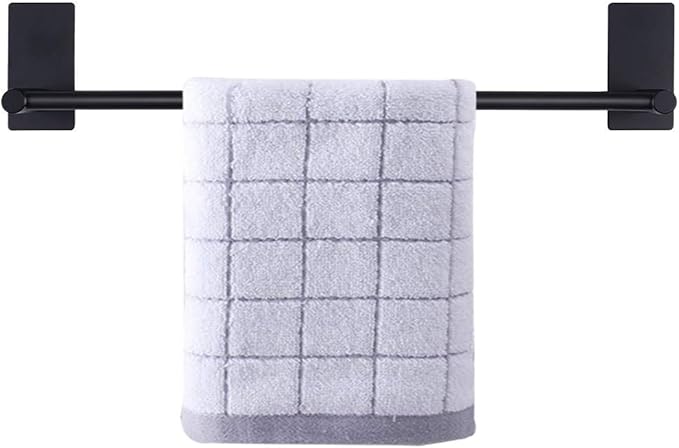 NearMoon Self Adhesive Bathroom Towel Bar- Stainless Steel Bath Wall Shelf Rack Hanging Towel Stick On Sticky Hanger Contemporary Style, NO Drilling (1 Pack, Matte Black, 16-Inch Towel Rack)