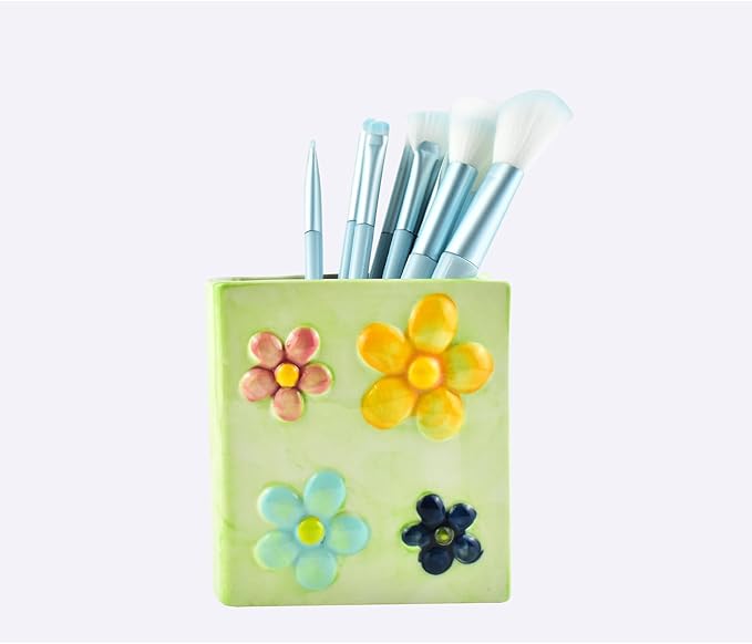 Ceramic Book Shaped Flower Pattern Cosmetic Storage Box, Desktop Organizers Make Up Brush Storage Stand Desktop Storage Box for Brush, Painting Brush (Green)