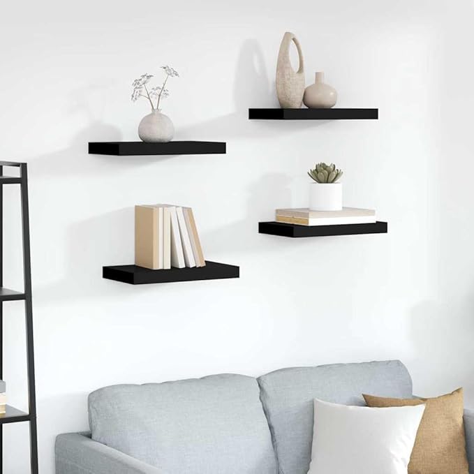 Floating Wall Shelves Set of 4, Modern Black Display Shelves with Invisible Mounting, 15.7x9.1 Inches, Honeycomb MDF for Living Room, Office, Bedroom Decor, Holds 11 lbs Each