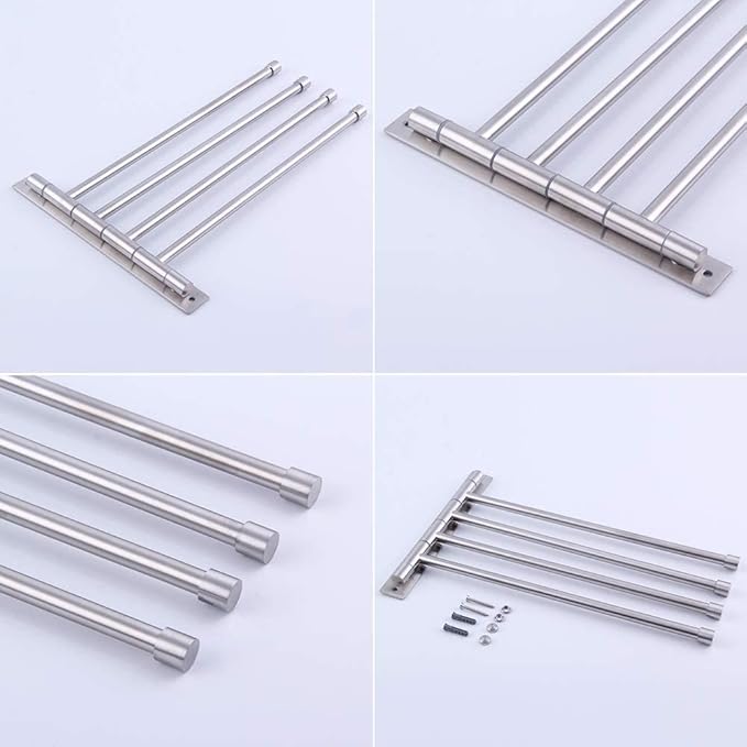 Swivel Towel Bar 4-Arm Bathroom Towel Holder Wall-Mounted Swing Out Towel Rack with Hooks Rustproof Brushed Finish