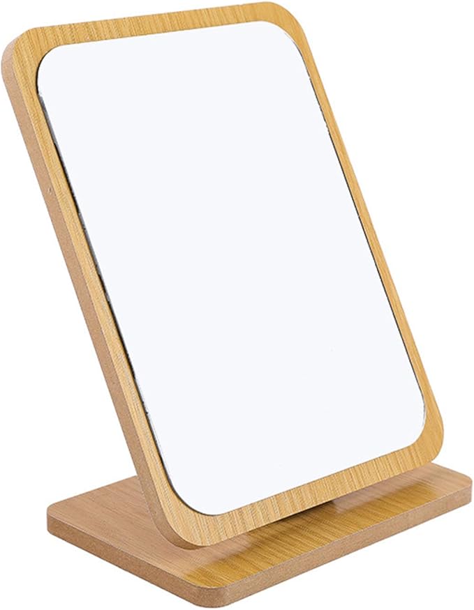 1 PC Rectangular Compact Table Mirror Vertical Wood Frame Mirror Table Mirror 90 Degree Rotation Makeup Mirror Back Stand Makeup Mirror (Vertical)