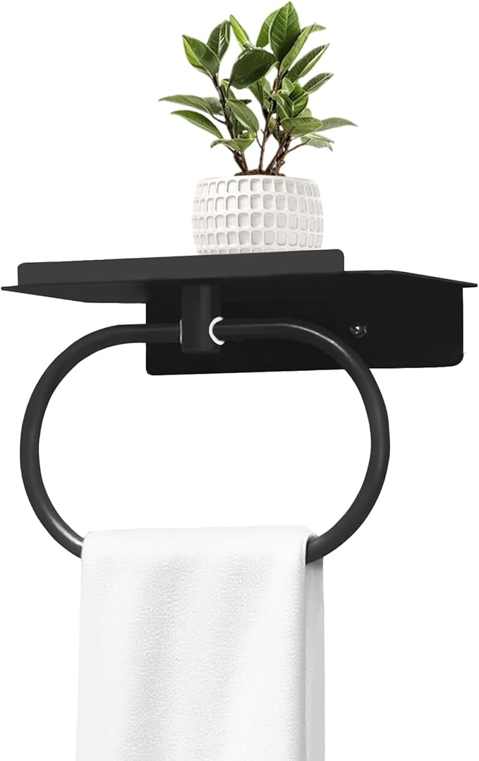 Towel Holder with Shelf, Carbon Steel Heavy Duty Wall Mounted Towel Rack Maijdoany for Bathroom Kitchen, Matte Black Hidden Hand Towel Hanger Ring with Storage Shelf