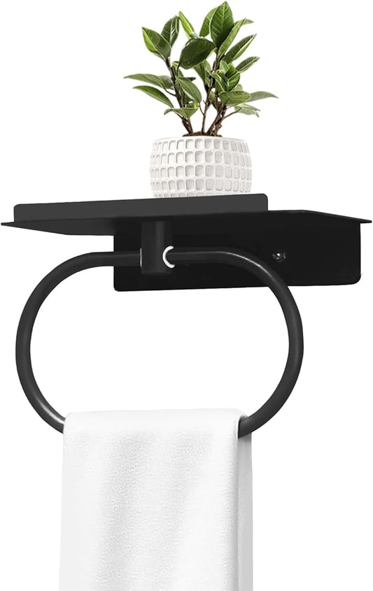 Towel Holder with Shelf, Carbon Steel Heavy Duty Wall Mounted Towel Rack Maijdoany for Bathroom Kitchen, Matte Black Hidden Hand Towel Hanger Ring with Storage Shelf