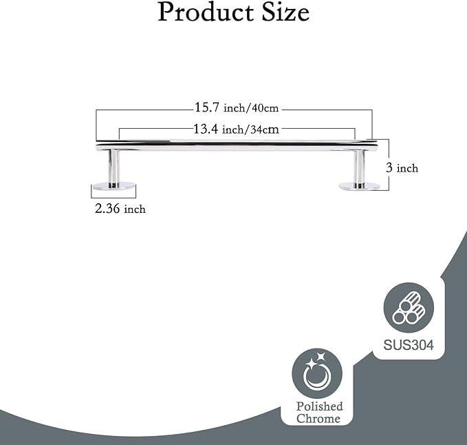 Self-Adhesive Towel Bar 16" - No Drill Chrome Bathroom Towel Rack, Wall Mount Towel Holder, Rustproof Stainless Steel Adhesive Command Strip Towel Bar for Bathroom Wall