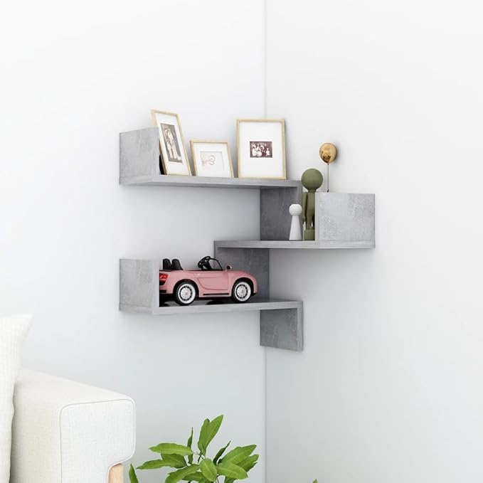 Wall Corner Shelf for Living Room Bedroom Kitchen, Concrete Gray Floating Shelves 15.7x15.7x19.7 Inches, Engineered Wood Corner Display Shelf with 88.2 lb Capacity for Decor Books Plants