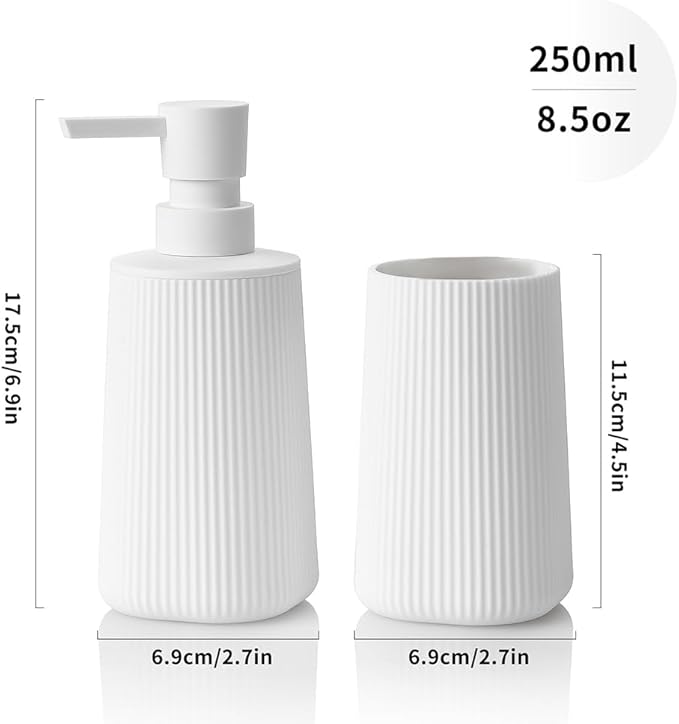 YAUKPH Bathroom Accessories Set 2 Piece Soap Dispenser and Toothbrush Holder for Bathroom Countertop Striped White