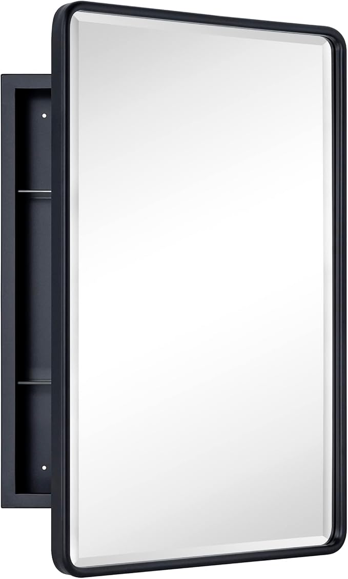 TEHOME Surface Mount 16x24 Black Bathroom Medicine Cabinet with Mirror Matt Black Metal Framed Rounded Rectangle Medicine Cabinet with Beveled Mirror