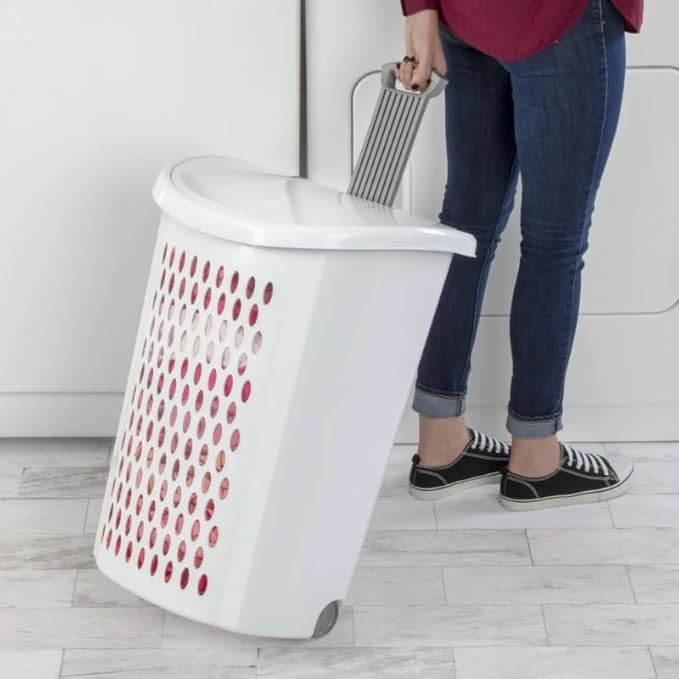 Wheeled Plastic Laundry Hamper,Adult-Sized White Rolling Basket,Spacious Storage with Handles for Home & Dorms