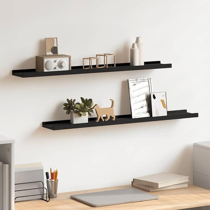 Set of 2 Black Wall Ledge Shelves 31.5 inch Floating Display Shelf for Picture Frames Art Books Modern Minimalist Wall Mounted Storage Rack