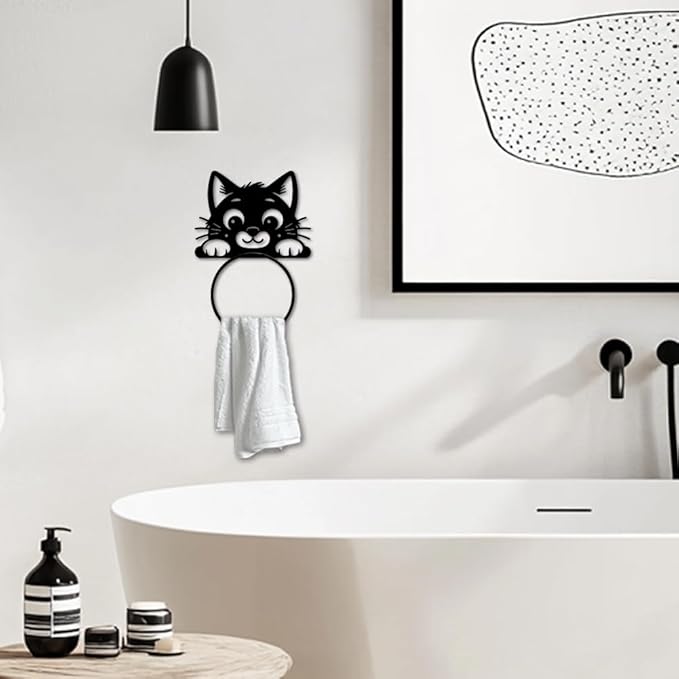 MAYJOYDIY Cute Cat Metal Towel Ring Cute Animal Towel Holder Peeping Cat Bath Towel Ring for Wall Black Art Towel Rack Wall Mounted for Bathroom Kitchen Towel Hanger Home Decors Gift