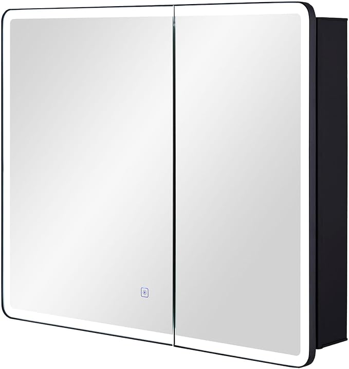 IDYLLOR Lighted Bathroom Medicine Cabinet with Round Corner Framed Mirror Door 30 x 25.6 inch, Recessed or Surface Mount, with Adjustable Glass Shelves