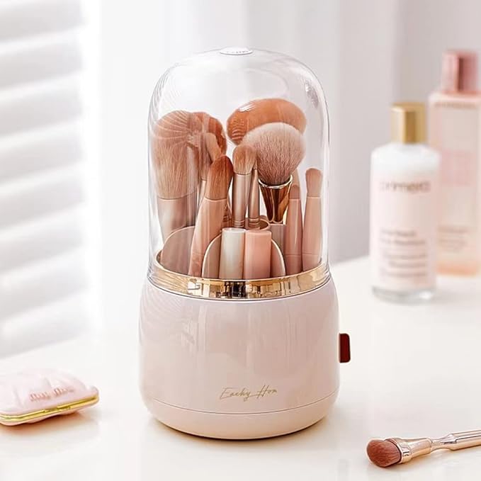 Pink Makeup Brush Holder Organizer with Lid 360 Rotating [2023 New] Clear Cosmetic Brush Organizer for Vanity Desktop Bathroom Countertop (Pink)