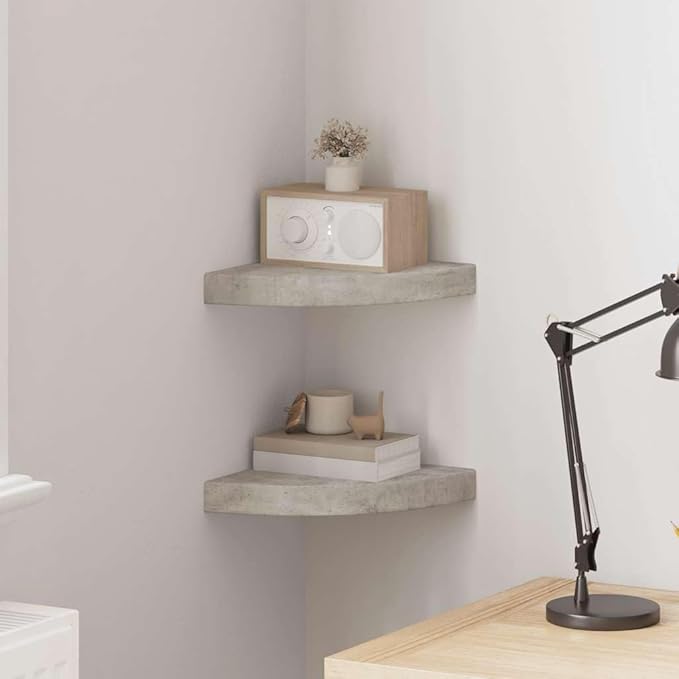 Wall Corner Shelf Set of 2, Small Triangular Floating Shelves for Living Room Bedroom, Modern Concrete Grey MDF Display Storage for Books and Decor