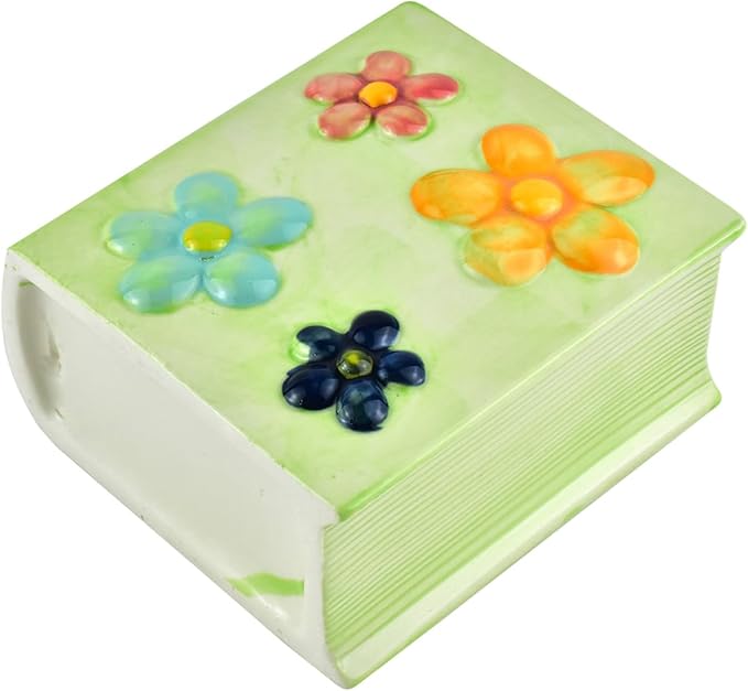 Ceramic Book Shaped Flower Pattern Cosmetic Storage Box, Desktop Organizers Make Up Brush Storage Stand Desktop Storage Box for Brush, Painting Brush (Green)