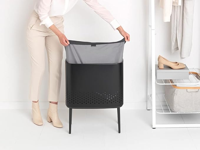 Brabantia Bo Laundry Hamper (Matt Black) Removable Laundry Bag 16 Gal, Ventilated Stylish Discreet Dirty Clothes Holder, Flat Back, Anti-Rust Materials for Bathroom Use