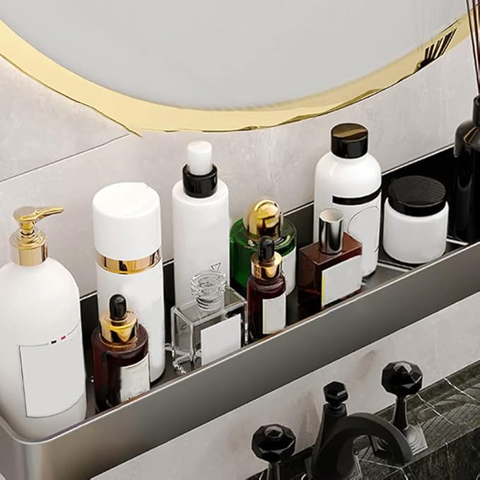 Keenso Gray Space Aluminum Bathroom Shelf, Wall Mounted Storage Rack, Drain, Hollow Design, Large Capacity, 30cm (Singler Layer with Hook)