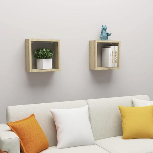 Wall Cube Shelves 2 Pack Sonoma Oak Floating Shelves 11.8x5.9x11.8 Inches for Living Room Bedroom Kitchen Display Storage Organizer Modern Wood Shelving