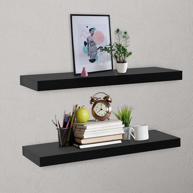 Floating Wall Shelves Set of 2, 31.5 Inch Modern Black MDF Storage Shelves for Living Room Bedroom Decor, Wall Mounted Display Ledge Rack