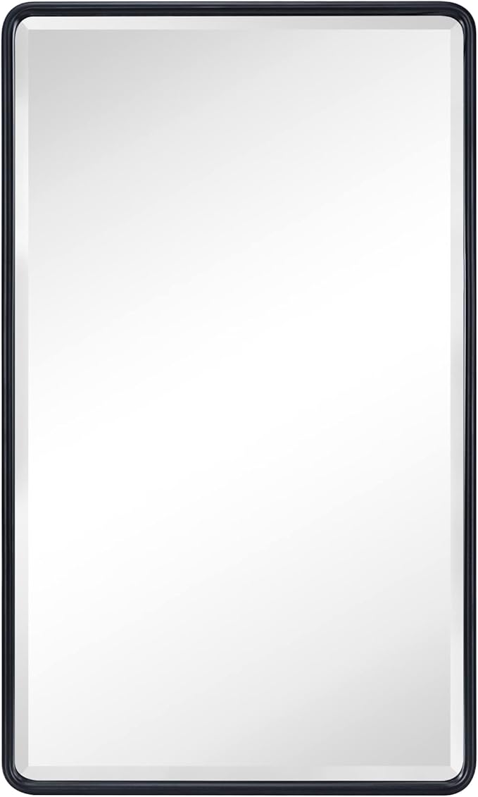 TEHOME Farmhouse Black Metal Framed Recessed Bathroom Medicine Cabinets with Mirror Rounded Rectangle Medicine Cabinet with BeveledMirros,16.5x27.5''