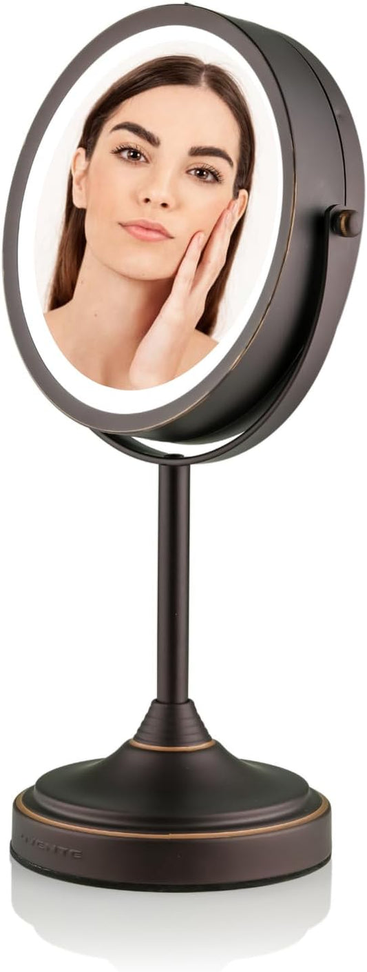 OVENTE 7'' Lighted Makeup Mirror with 1X/7X Magnification, Cordless Tabletop Mount Vanity Mirror with 360° Swivel Design & Double Sided Glow Cosmetic White LED Ring Light, Antique Bronze MCT70ABZ1X7X
