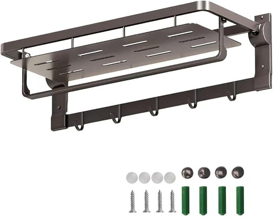 Rust-Proof Floating Shelves Organizer with Foldable Towel Bar 5 Towel Hooks Wall Mounted Organizer 23-Inch Towel Racks for Bathroom Lavatory Kitchen Rv Home Decor, Grey