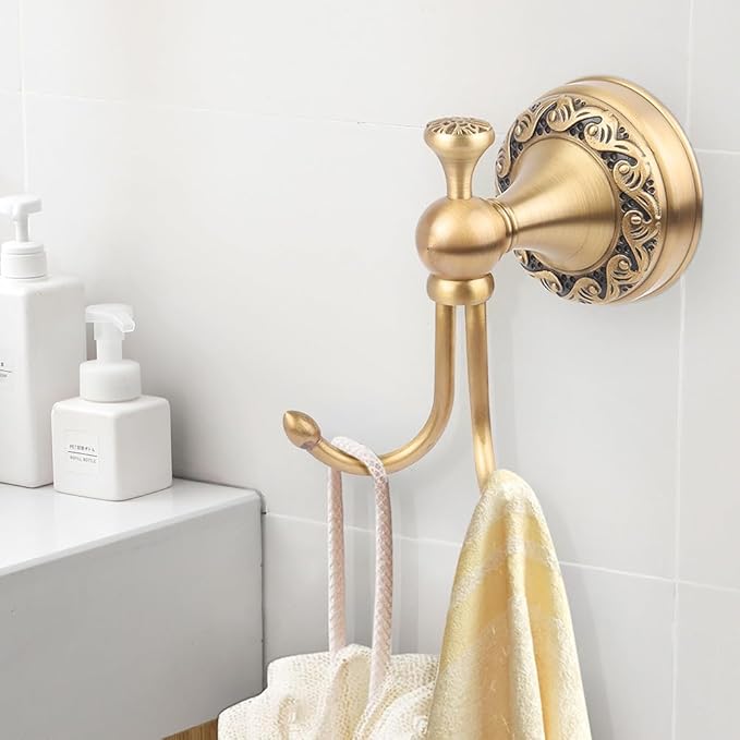 Antique Brass Towel Hook, Wall Mounted Bathroom Copper Double Hook for Clothing Robe Hanger, Screws Install Shower Wall Hook