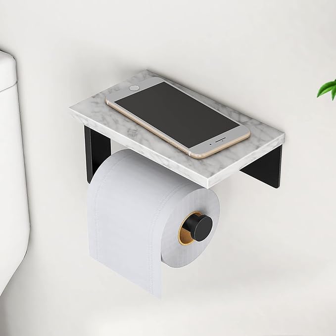 Gypie Marble Toilet Paper Holder with Shelf, 304 Stainless Steel Screw Wall Mounted, Tissue Roll Holder for Bathroom Washroom Matte Black