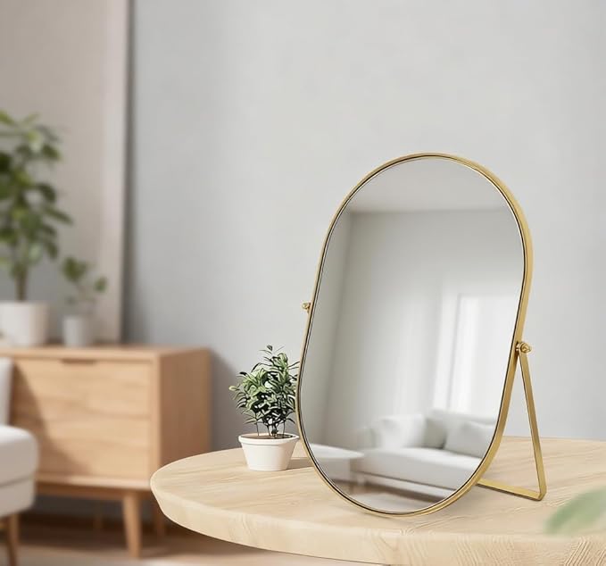Feyarl Oval Vanity Makeup Mirror 12x8 Inch Vertical Tabletop Mirror Decorative Standing Cosmetic Mirror for Bedroom Bathroom Desk Dresser Table Desktop (Gold)
