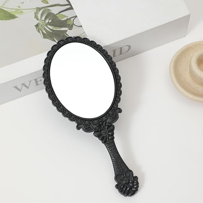 AKOAK Vintage Handheld Makeup Mirror, Exquisite Embossed Decorative Handle Makeup Mirror Portable Travel Mirror for Girls and Ladies (Oval, Black)