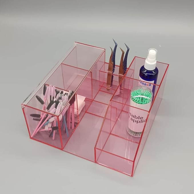 Large Capacity Empty Acrylic Storage Box, Eyelash Extension Supplies Accessories Tool Storage Display,Eyelash Grafting Beauty Makeup Tool Brush Kit Holder Display Rack Organizer (Transparent Pink)1