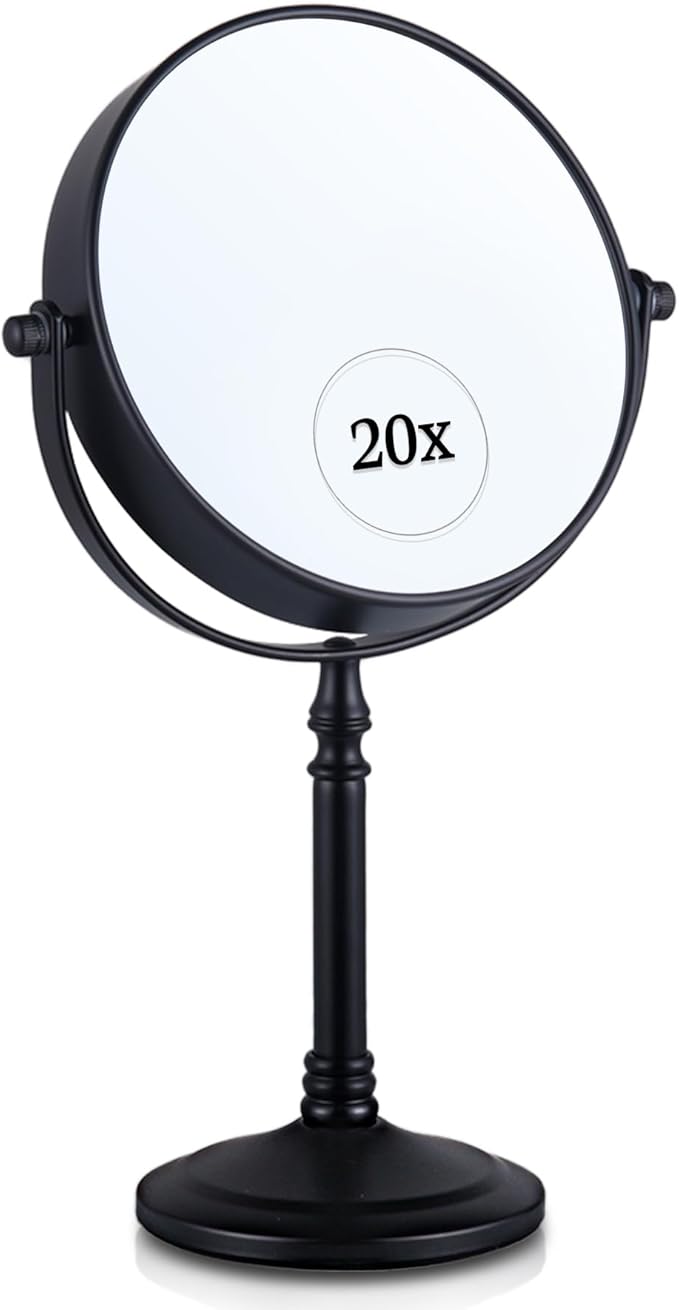 20X Magnified Makeup Mirror with Stand - Double Sided 20x and 1x Cosmetic Mirror for Make Up Desk, Dressing Table, Bathroom Countertop - 6" Wide & 12" Tall (Black)