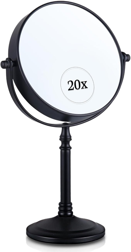 20X Magnified Makeup Mirror with Stand - Double Sided 20x and 1x Cosmetic Mirror for Make Up Desk, Dressing Table, Bathroom Countertop - 6" Wide & 12" Tall (Black)