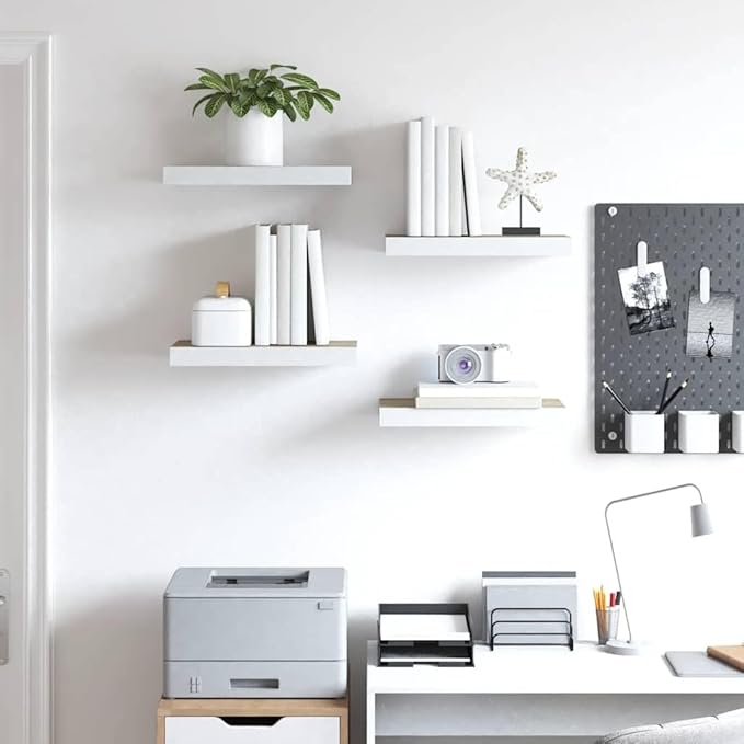 Wall Shelf Set of 4, Floating Shelves for Wall Storage, Modern Oak and White MDF Display Shelves for Living Room, Bedroom, and Office, 15.7 Inch