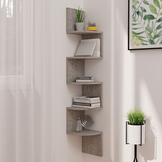 Concrete Gray Wall Corner Shelf 7.5x7.5x48.4 Inches Engineered Wood Space Saving Display Storage Rack for Living Room Bedroom Bathroom Decor