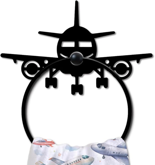 MAYJOYDIY Airplane Metal Towel Ring Model Aircraft Towel Holder for Wall Transportation Wall Decor Towel Hanger Black Art Towel Rack Wall Mounted for Bathroom Kitchen Home Boys Room Decors Gift