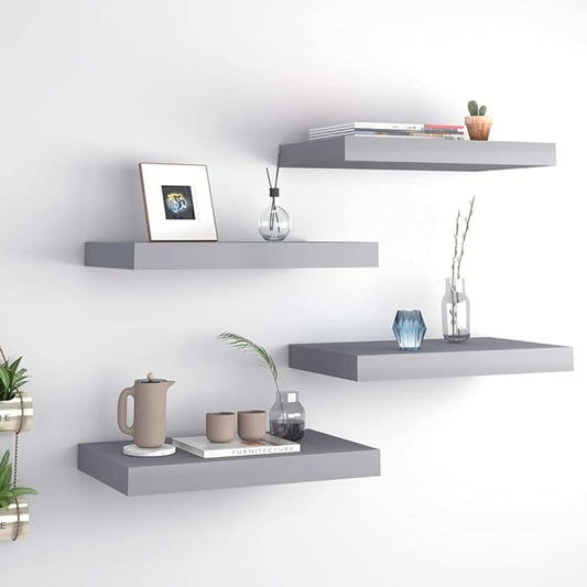 Floating Wall Shelves 4 Pack Gray Modern Display Rack for Living Room Bedroom Office, Invisible Mounting System, 15.7x9.1 Inches MDF Board with Metal Frame, Holds 11lb Each