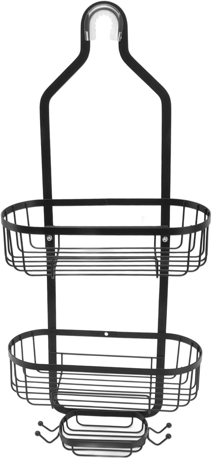 Metal Iron Wall Mounted Bathroom Basket, 2 Layer Punch Free Bathroom Shelves, Rust Storage Basket for Tile and Glass Surfaces, Easy Install Toilet Accessories for Bathroom (Black)
