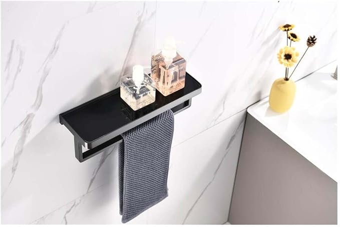 HomeStock Bagno Bianca Stainless Steel Black Glass Shelf with Bar in Gun Metal